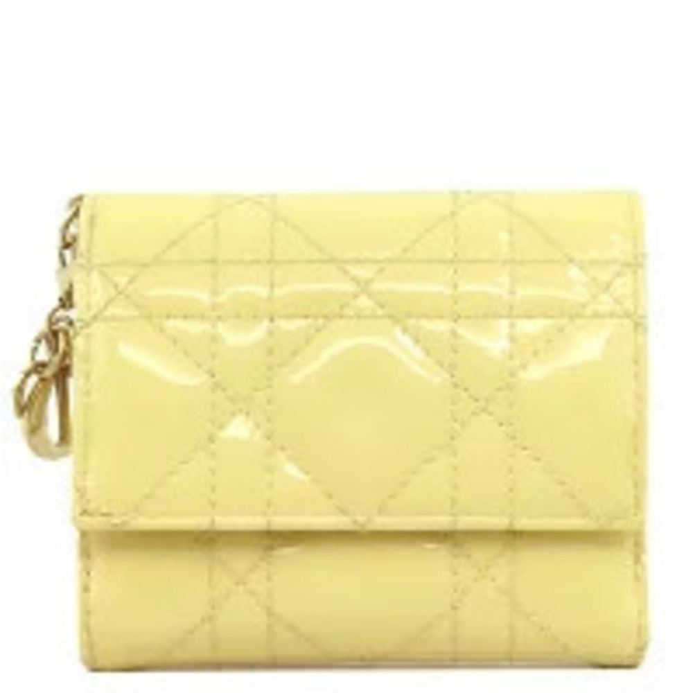 Christian Dior Lotus Wallet Tri fold Calfskin Yellow Cannage Compact